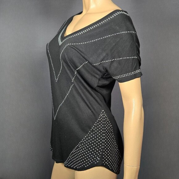 Y2K Long Top Size S Black Silver Studded Indie Sleaze Going Out Top 2000s V Neck - Picture 6 of 8